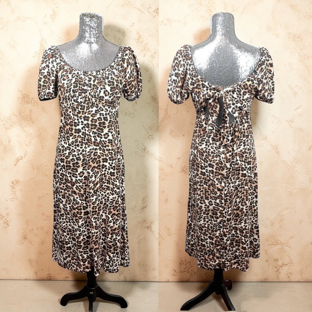 Leopard Print Linen Blend Midi Dress Puff Sleeve Scoop Neck Tie-Back Brown Large